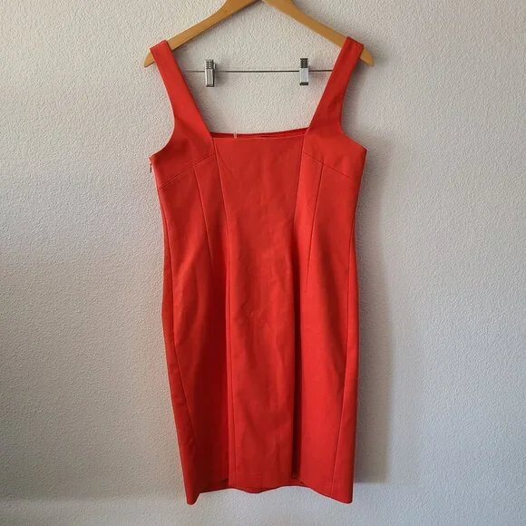 Tahari US Women's Size 10 Orange Twill Sheath Dress Sleeveless Lined Square Neck - Picture 5 of 13